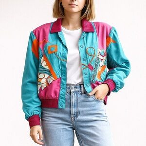 Vtg 80s Canvasbacks Abstract “Art to Wear” Bomber Jacket L Turquoise & Hot Pink